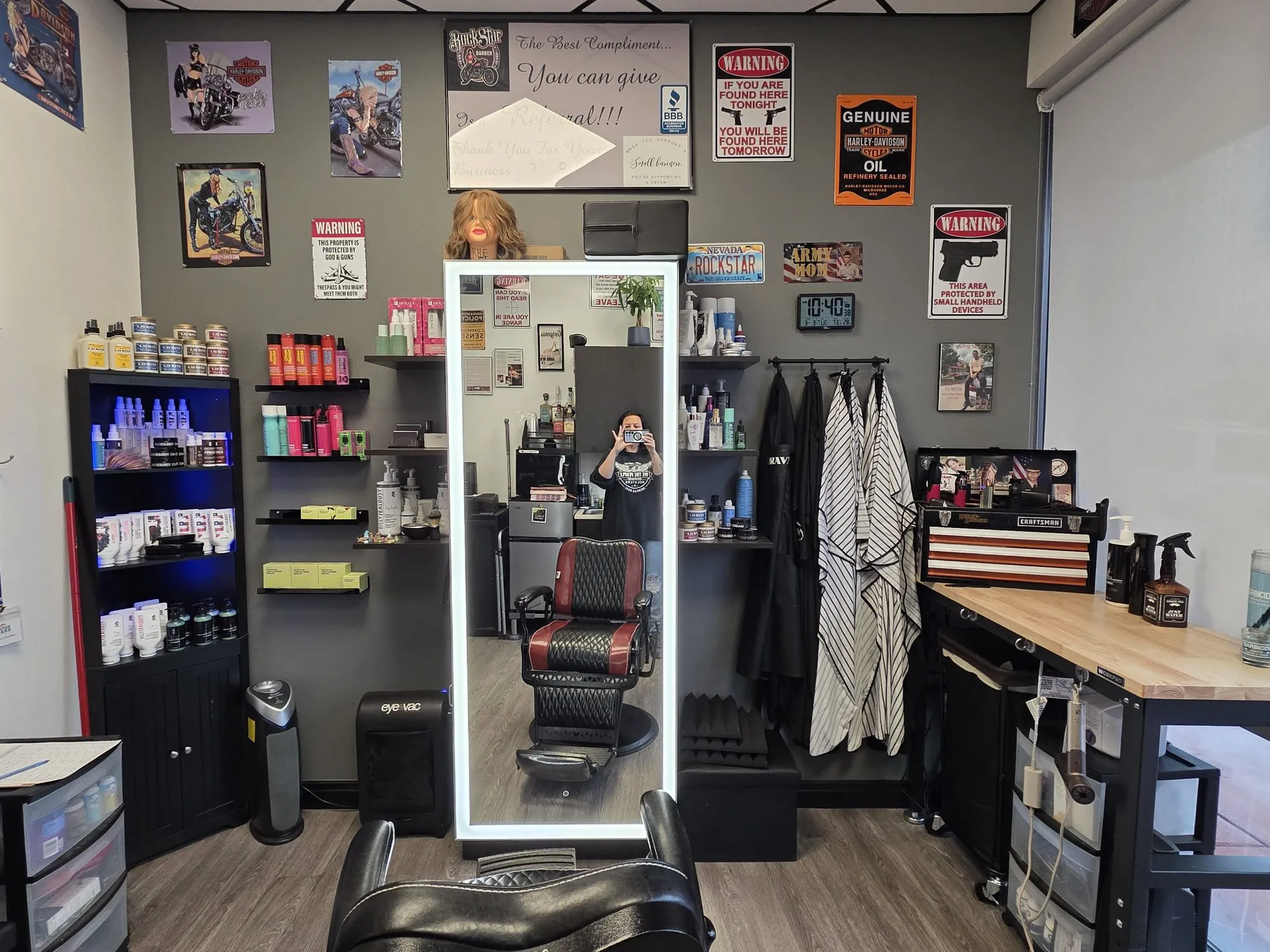 Barber chair and styling station at RockStar Barber