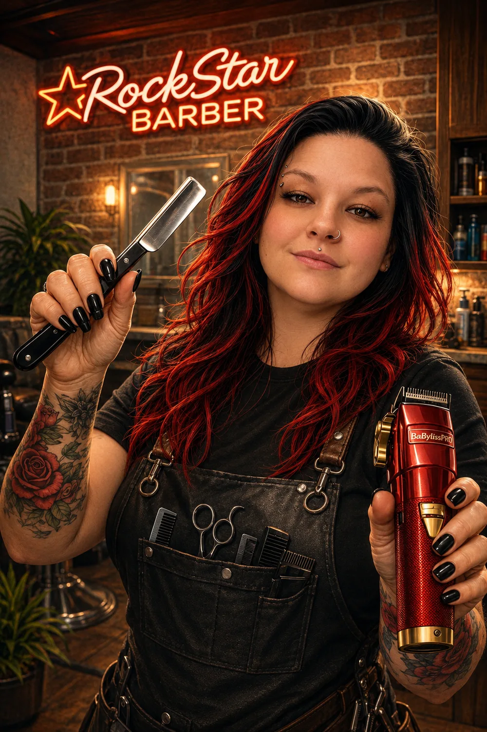 Rheanna Bentley, owner of RockStar Barber in Thornton, holding a straight razor and BaByliss Pro clippers in front of the RockStar Barber neon sign